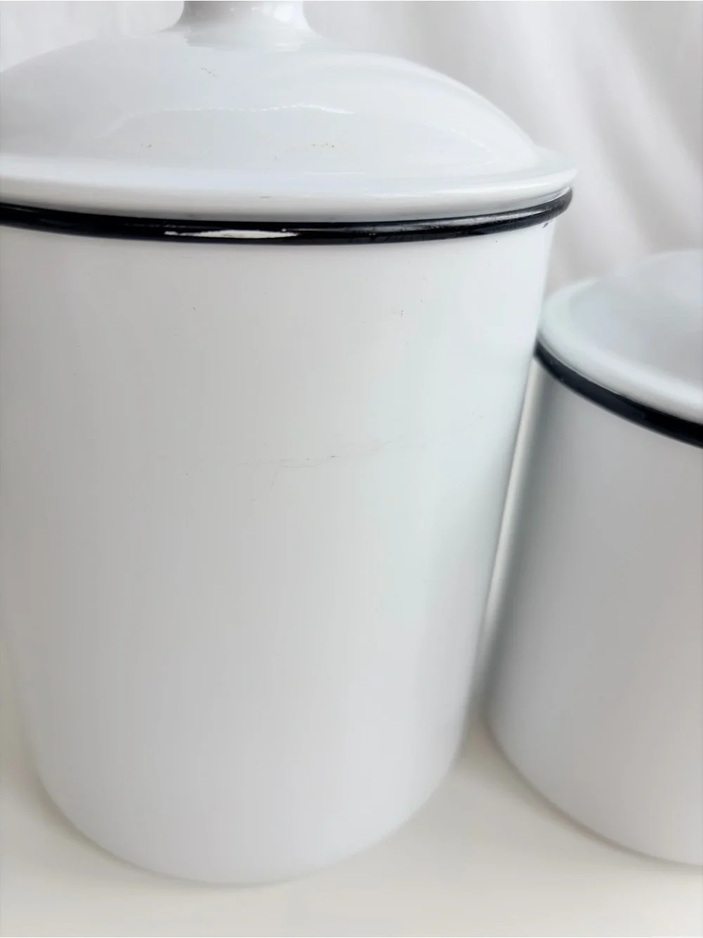 2 Piece Canister Set Vintage Inspired White & Enamel Black Rim Round Tin Storage